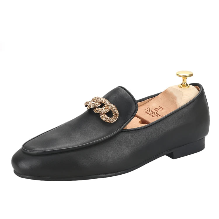 New Style Men's Loafers with Rhinestone Buckles for Weddings and Parties Handmade Genuine Leather Smoking Shoes