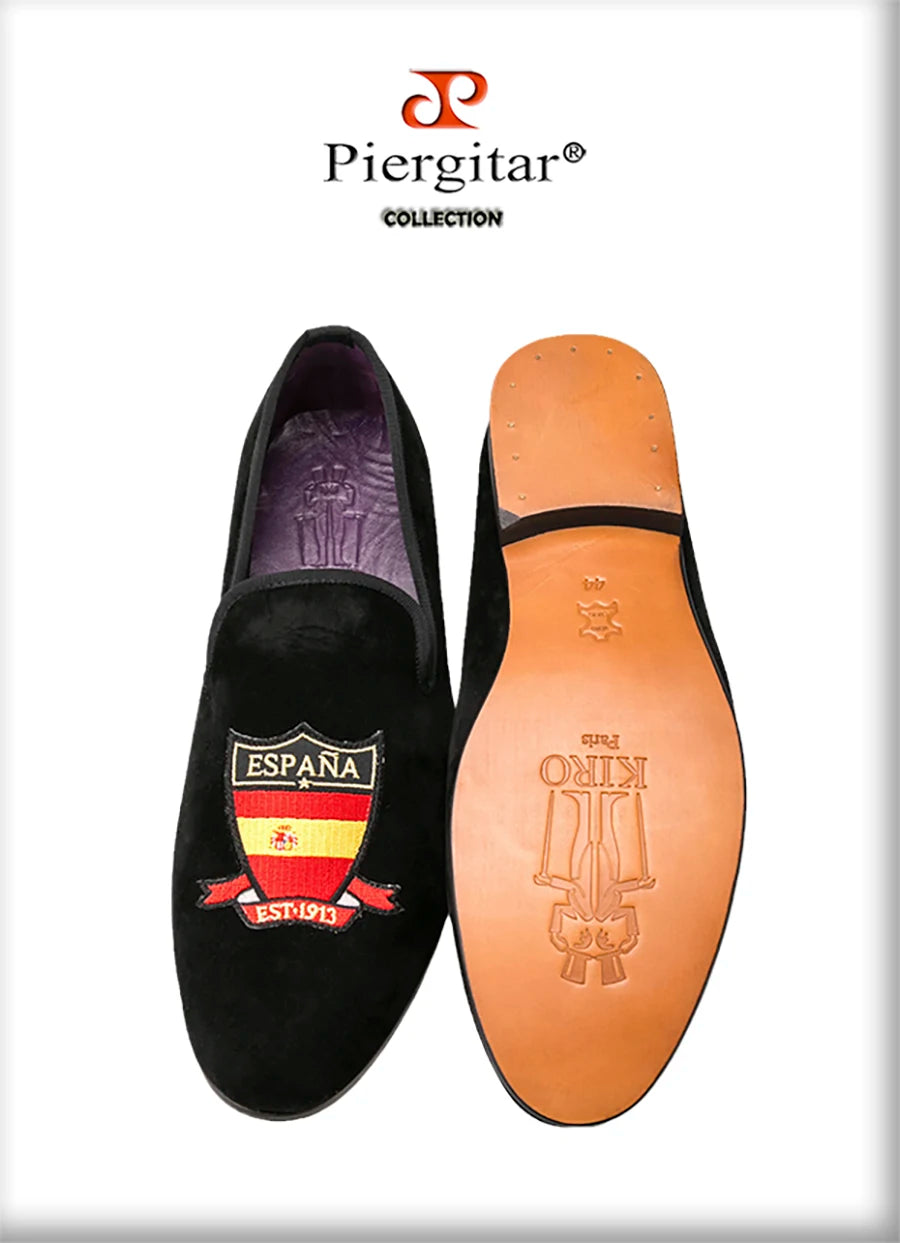Piergitar Handmade Embroidery Of Four Powerful Football Countries Black Velvet Men Loafers Genuine Leather InSoles And Outsoles