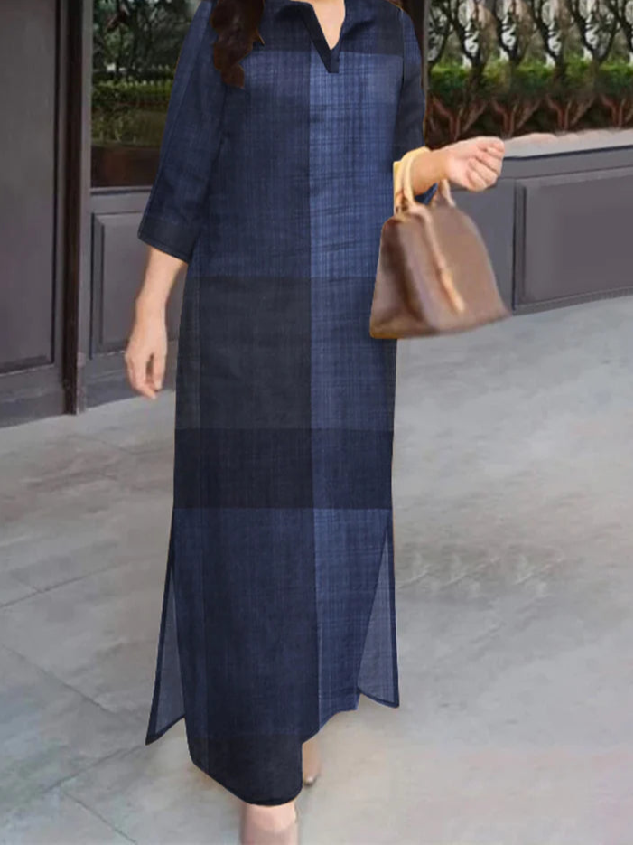 Women Dresses 2025 Vintage Plaid Checked Sundress Lapel Neck 3/4 Sleeve