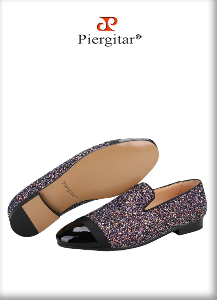Piergitar Flash Purple Sequined Canvas Slippers With Patent Leather Toes Handmade Men Moccasins For Party And Wedding Plus Size
