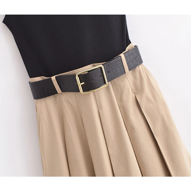 2025 Woman Dresses Belt pleated Midi Dress Sleeveless