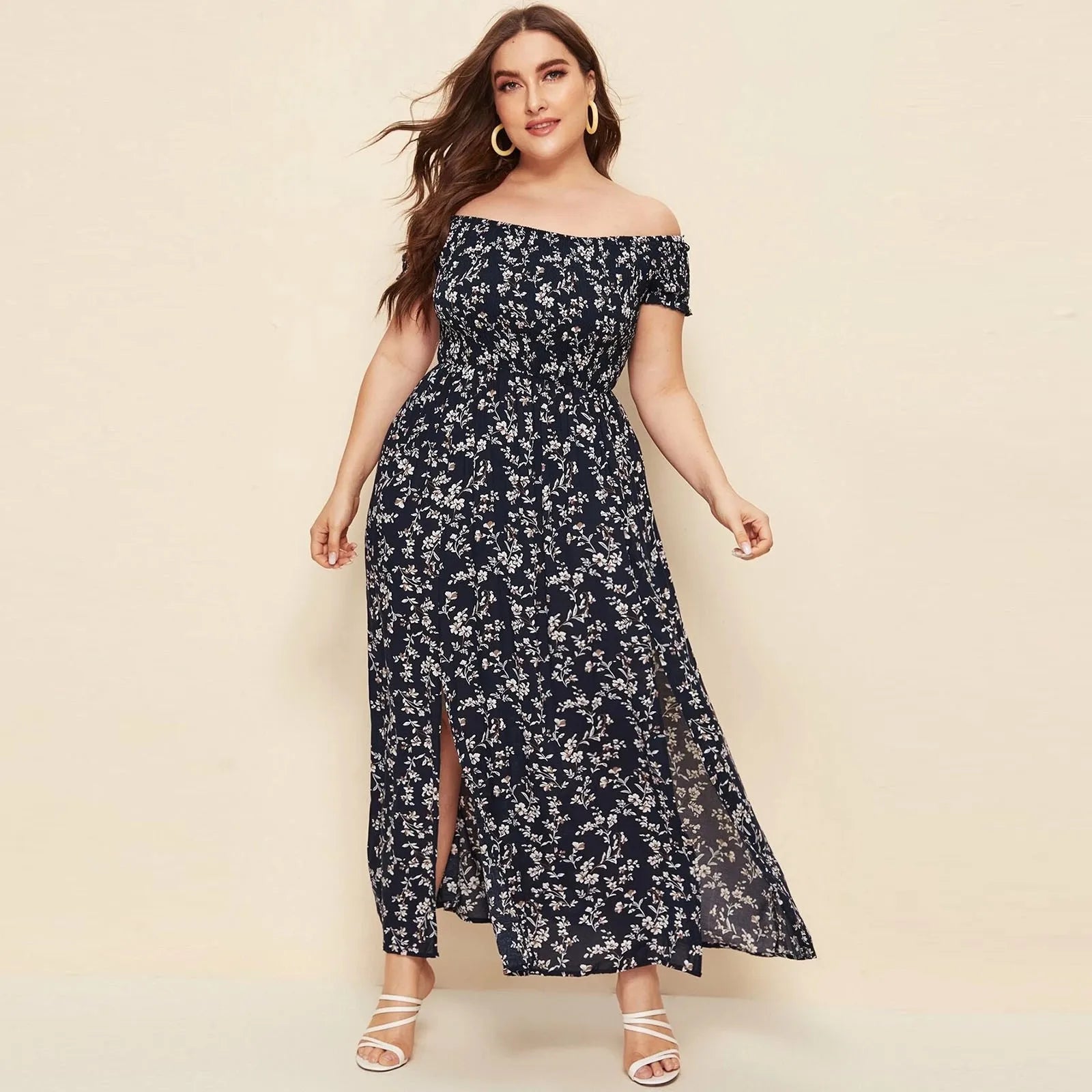 Plus Size Summer Dresses with Slash Necks, Shirred Bodice and Split Thigh Floral Dresses