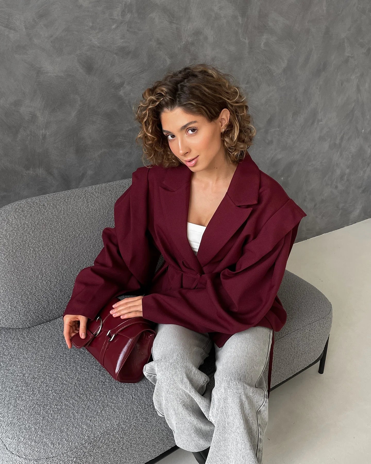 Trendy Lace-up Waist Cinching Blazer Woman Casual V-neck Solid Office Outerwear 2025 Autumn New Commute Long Sleeve Short Coats