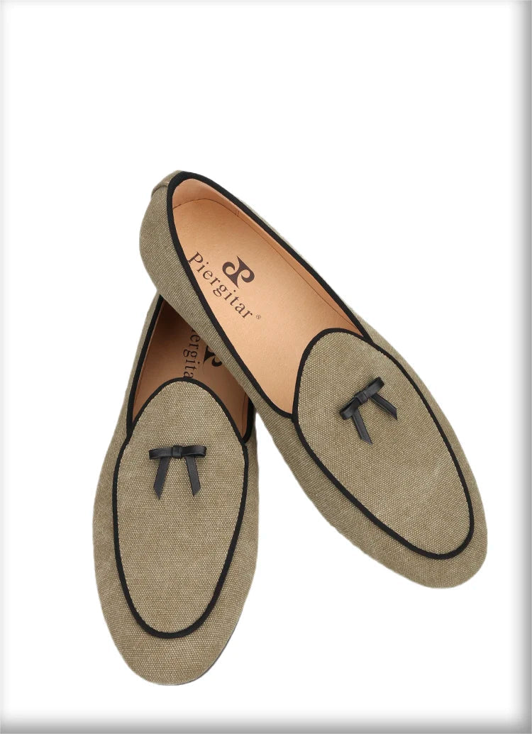 Three Colors Raw Canvas Belgian loafers with Calfskin Bows, Handmade Slip On Classic Mens Smoking Slippers