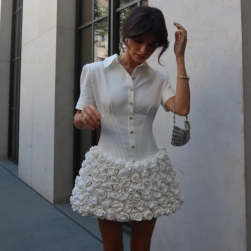 Short Sleeve White Dress with 3D Flower Women's Lapel Button Pleat Neck