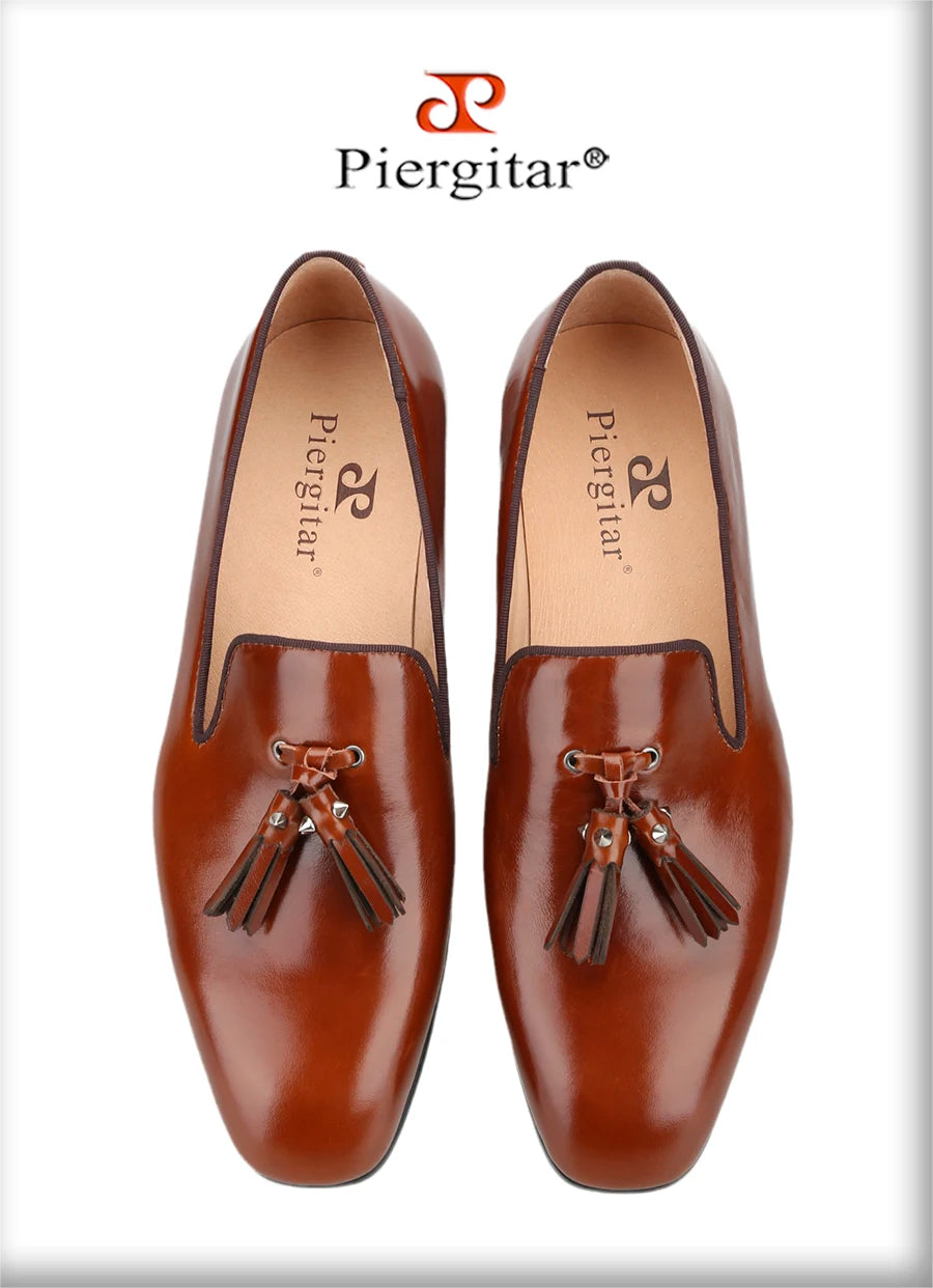 Piergitar Patinated Calf Leather Iconic Dandelion Loafers With Tassels Featuring Metal Spikes CL Brand Same Model Men Moccasins