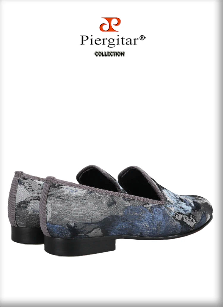 Piergitar 2023 New Abstract Printed Cotton Men's Loafers For Party Handmade Slip-On Moccasins Red Outsoles Smoking Slippers