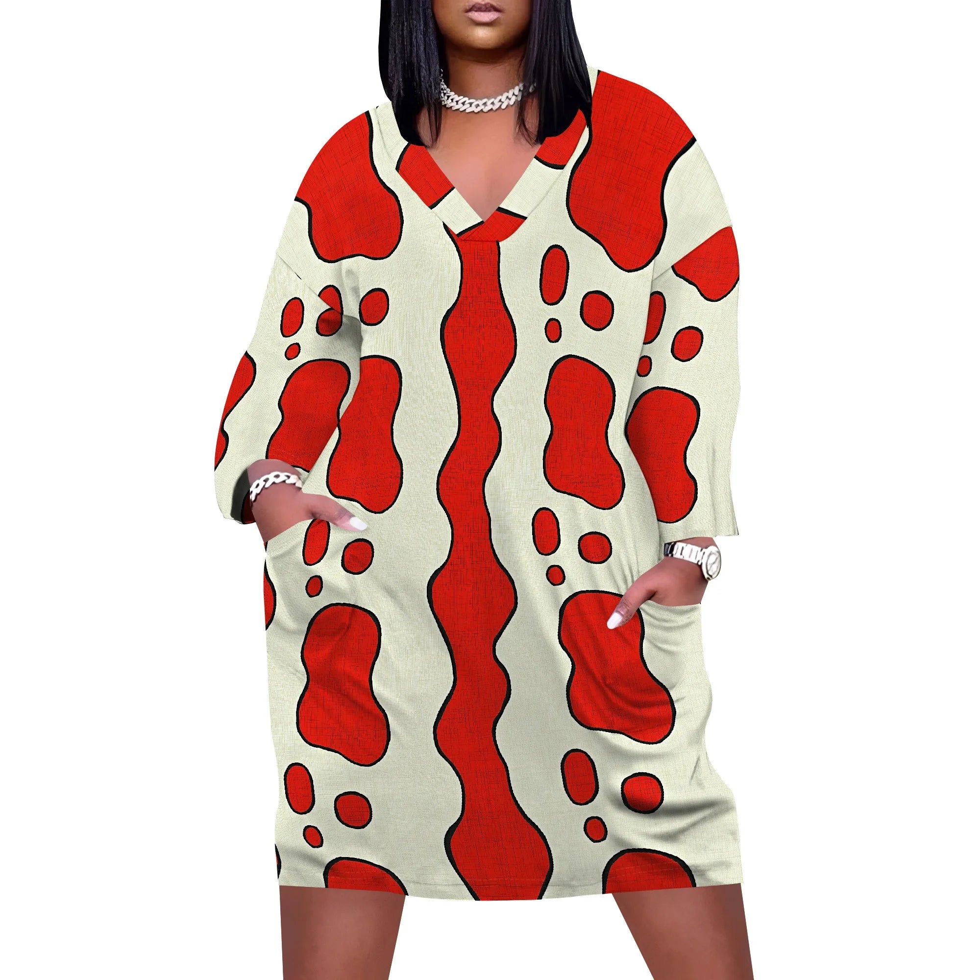 Plus Size Women's Abstract Print Dress XL-6XL, V-Neck Casual Dress for Fun and Bold Look