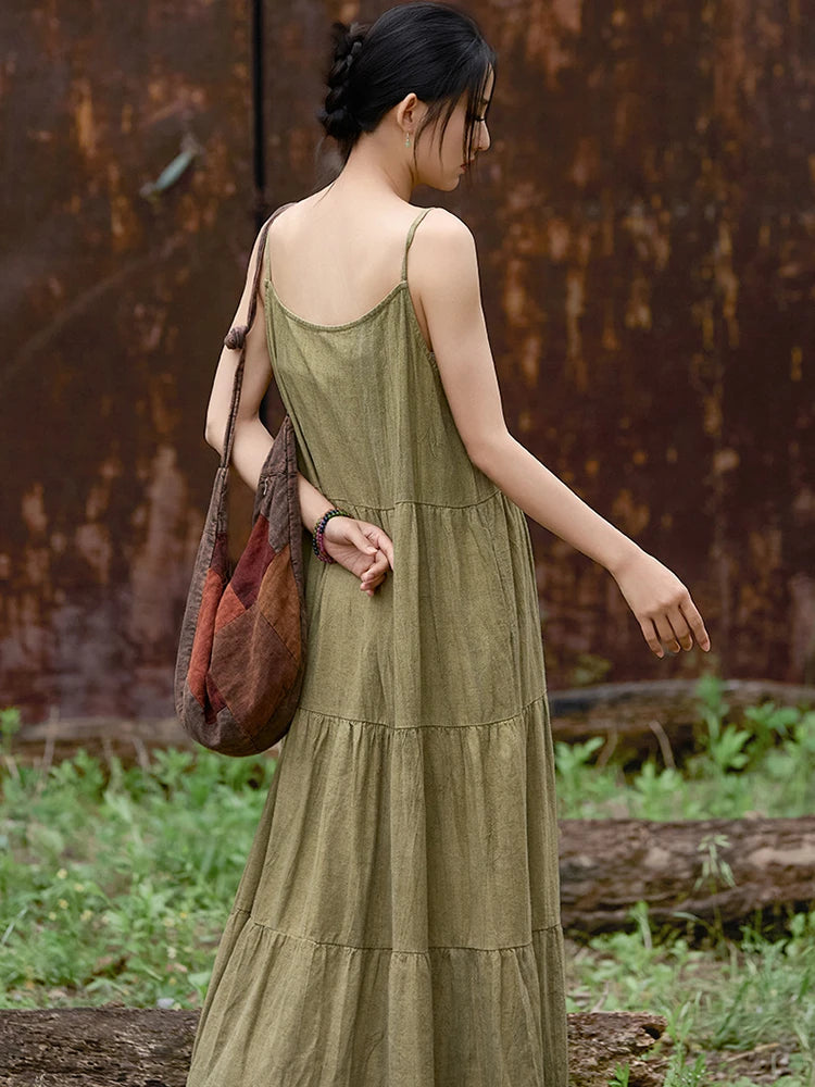 Cotton Linen Long Spaghetti Strap Dress