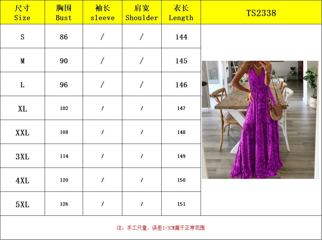 Bohemian Style Women's Clothing Long Dress New Suspender Long Dress High Waist V-neck Printed Floral Dress Women's Clothing