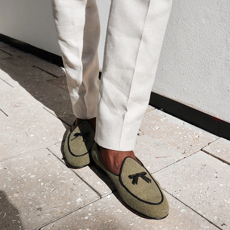 Three Colors Raw Canvas Belgian loafers with Calfskin Bows, Handmade Slip On Classic Mens Smoking Slippers
