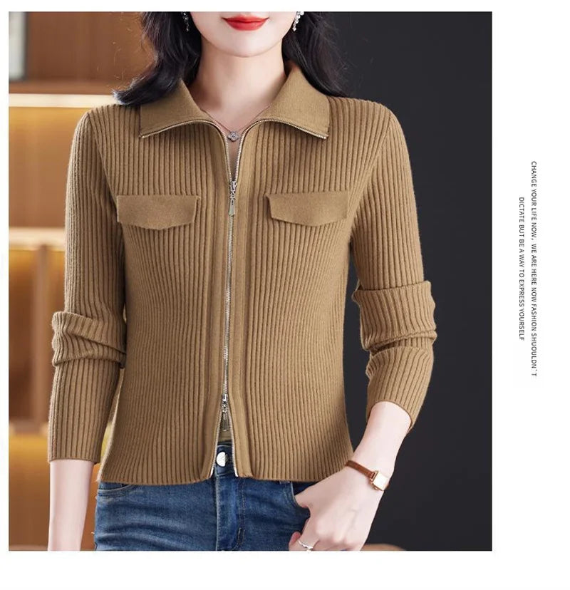 Spring Autumn Women Knitted Sweater Cardigan Short Jacket 2025 New Korean Fashion Zipper Solid Turn-Down Knit Coat Female Tops