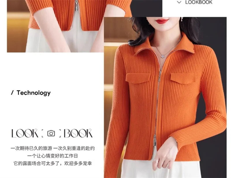 Spring Autumn Women Knitted Sweater Cardigan Short Jacket 2025 New Korean Fashion Zipper Solid Turn-Down Knit Coat Female Tops