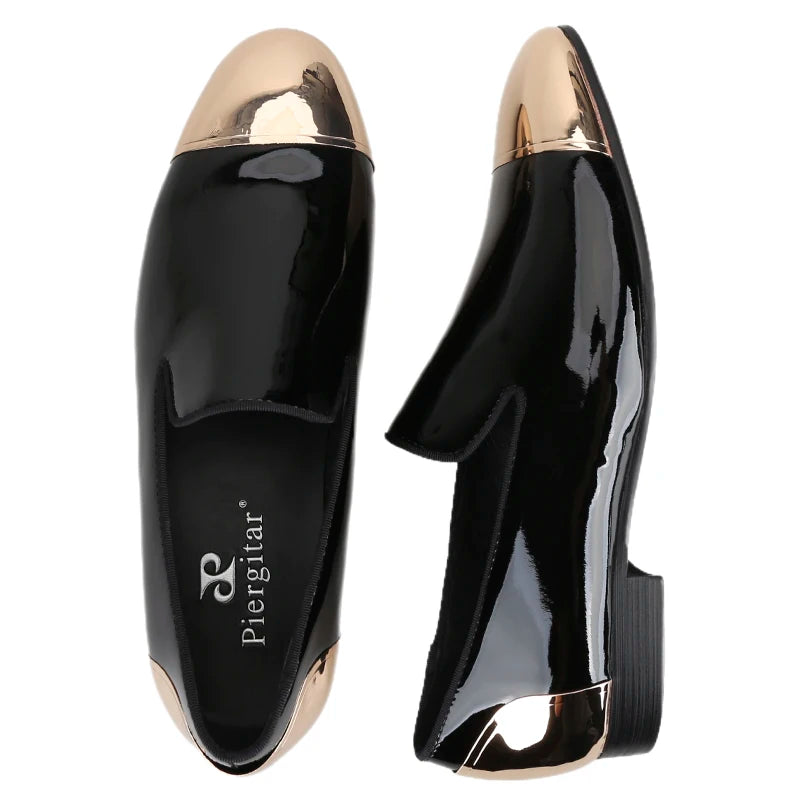 Piergitar Black/White Patent Leather Slip-On Slippers For Party Customised Front And Rear Metal Buckles Handmade Men's Loafers