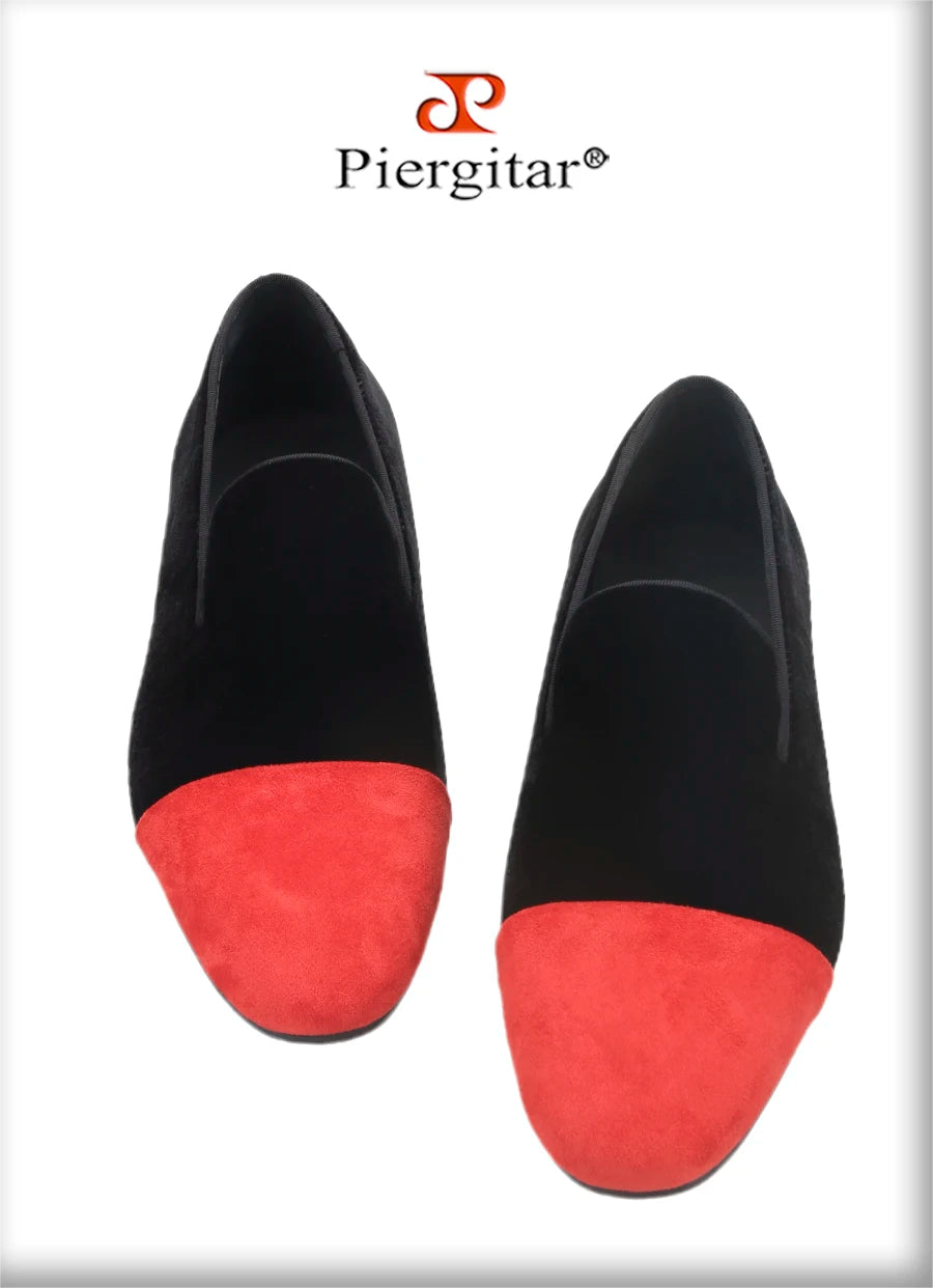 Piergitar Mixed Velvet Men's Loafers For Party And Wedding Handmade Slip-On Moccasins Red Outsole Breathable Leather Insole