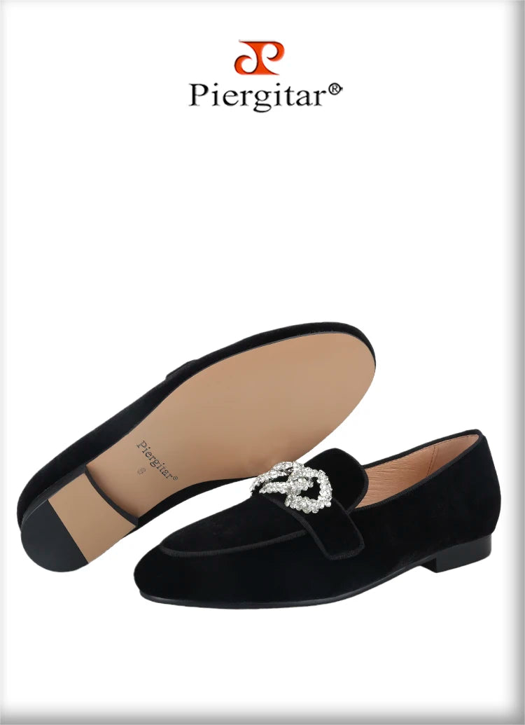 Piergitar Black Velvet Slippers With Matching Gros-grin Piping And Chain-Shaped Allover Crystals Handmade Slip-On Men's Loafers