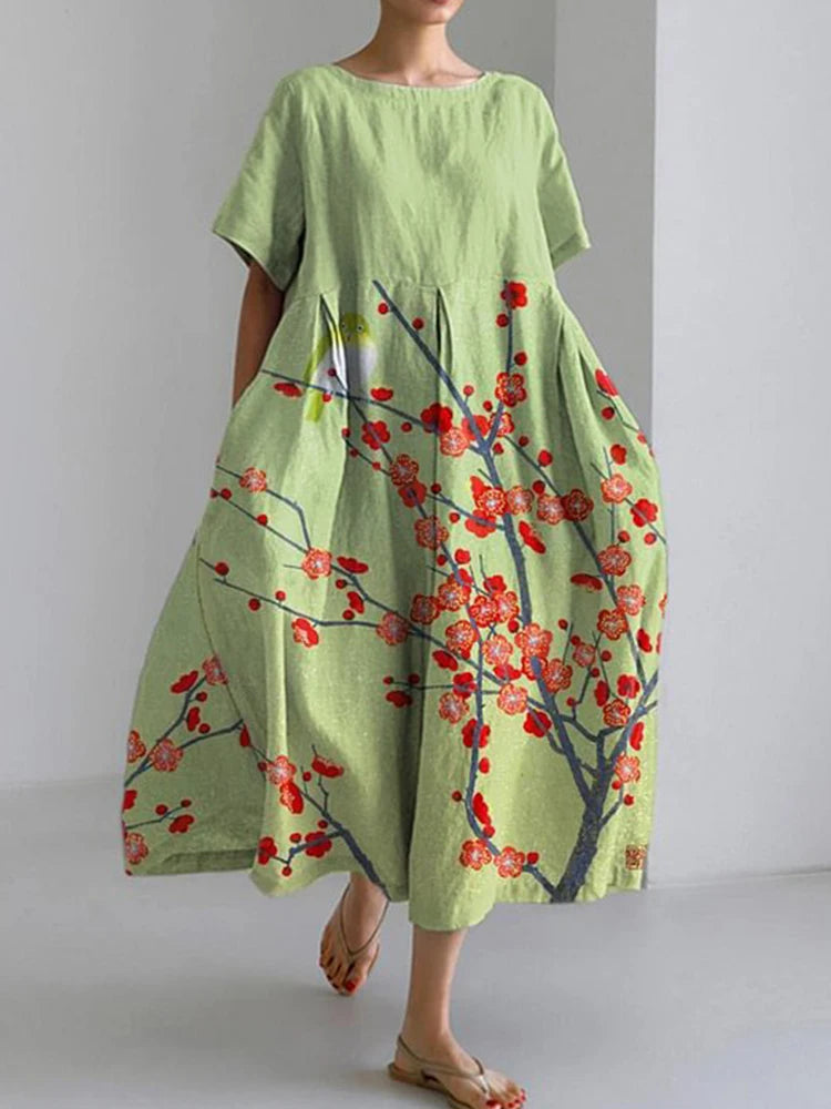 2024 Women's New Round Neck Long Casual Summer Dress Large Size Fresh Print