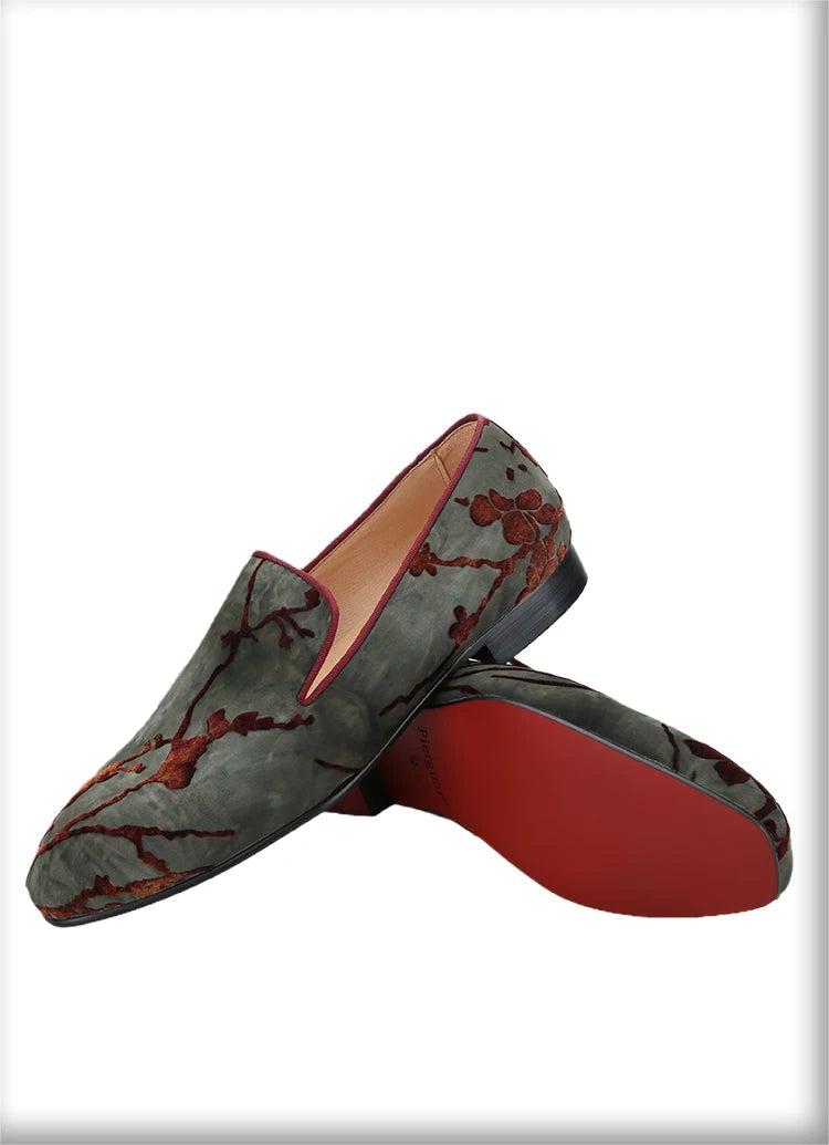 Men's Moccasins with Classic Bright Red Outsole and Three Colors of Flocking Jacquard Tie-Dyed Cottons