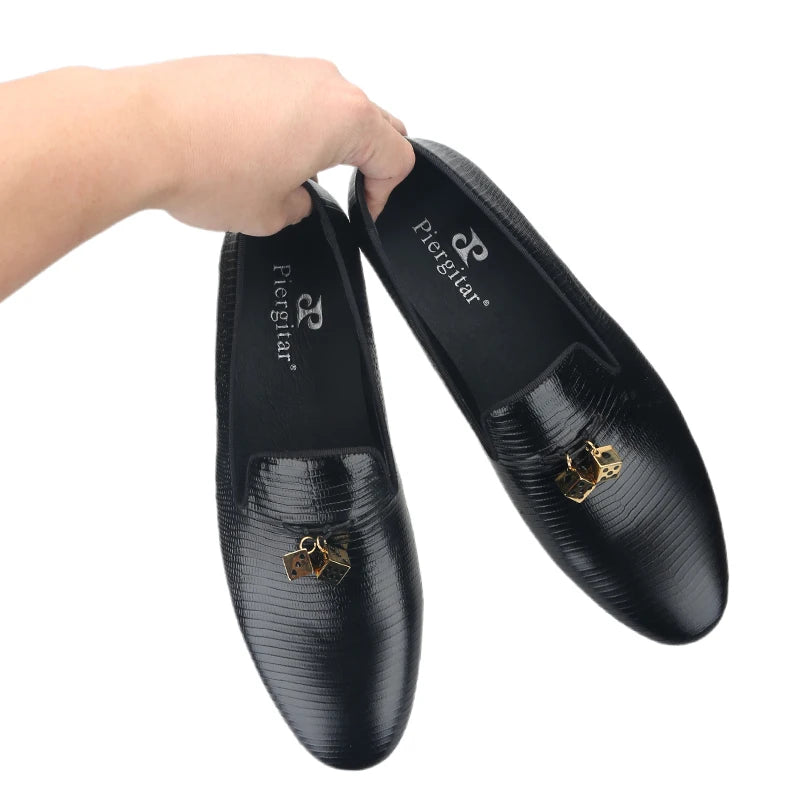 Piergitar Black Lizard Embossed Leather Men Loafers With Gold Titanium Steel Dice Buckle Tassels GZ Same Design Slip-On Moccasin