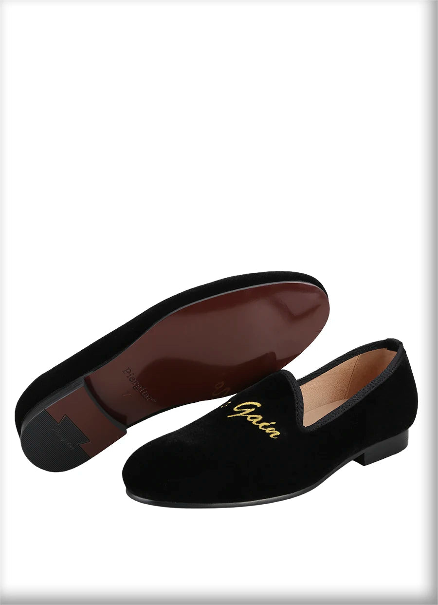 Black Velvet Moccasins with Gold Personality Embroidery for Party and Banquet Handmade Slip On Loafers