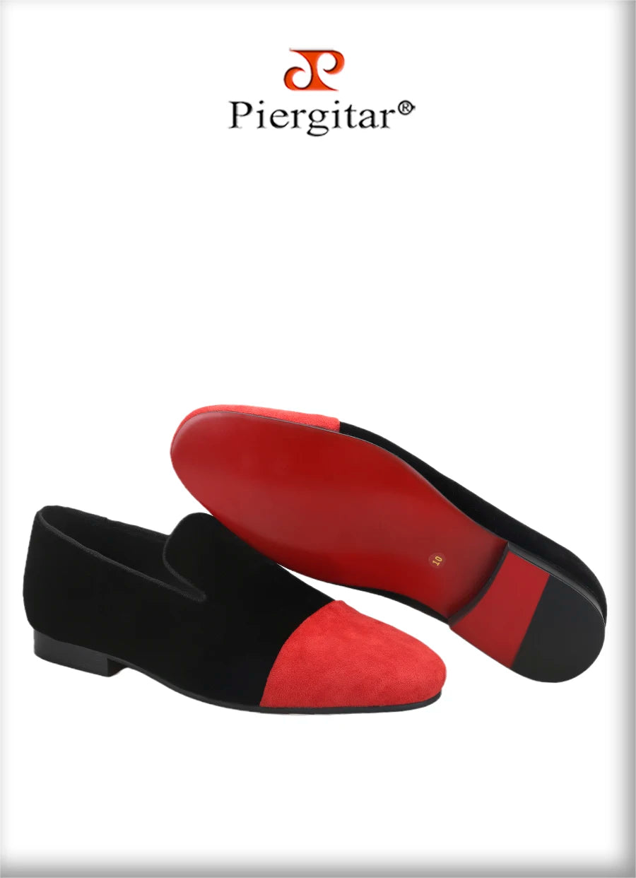 Piergitar Mixed Velvet Men's Loafers For Party And Wedding Handmade Slip-On Moccasins Red Outsole Breathable Leather Insole