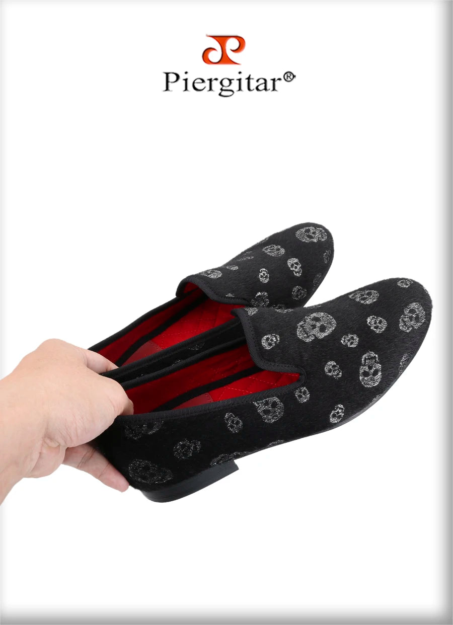 Piergitar New Style Black Horsehair Sliver Skull Embossed Men Shoes For Party Slip-On Loafers Smoking Slipper Men Flat Plus Size