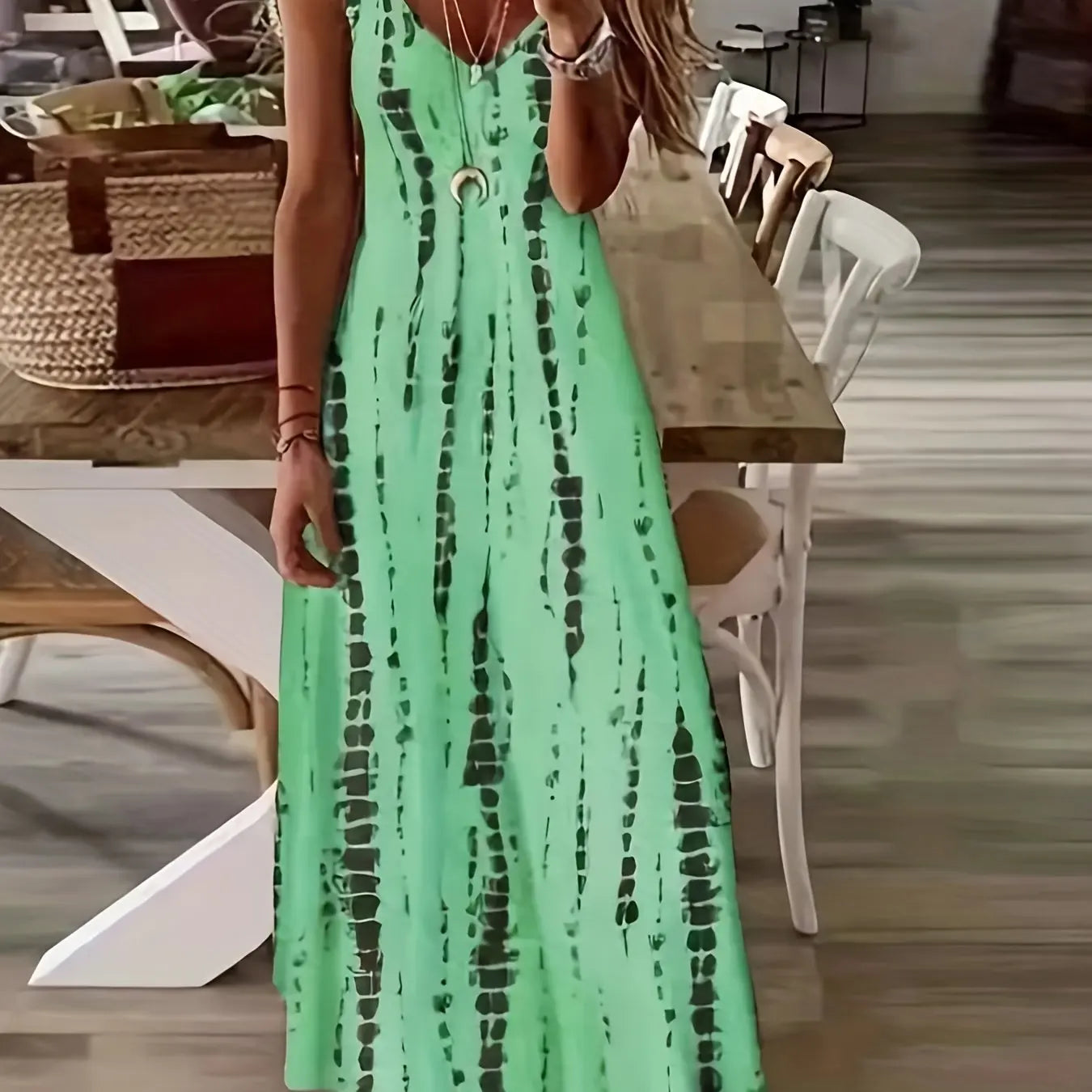 Blue Tribal Pattern Print Beach Vacation Casual Suspender Dress Fashionable Casual Sleeveless Loose Suspender Ankle Length Dress