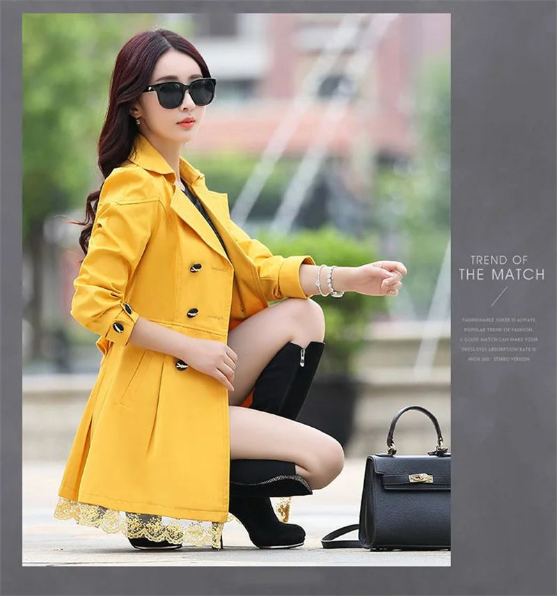 2025Spring Autumn New Windbreaker Coat Women Fashion Slim Mid Long Lace Trench Coat Female Casual Double-breasted Outerwear Tops