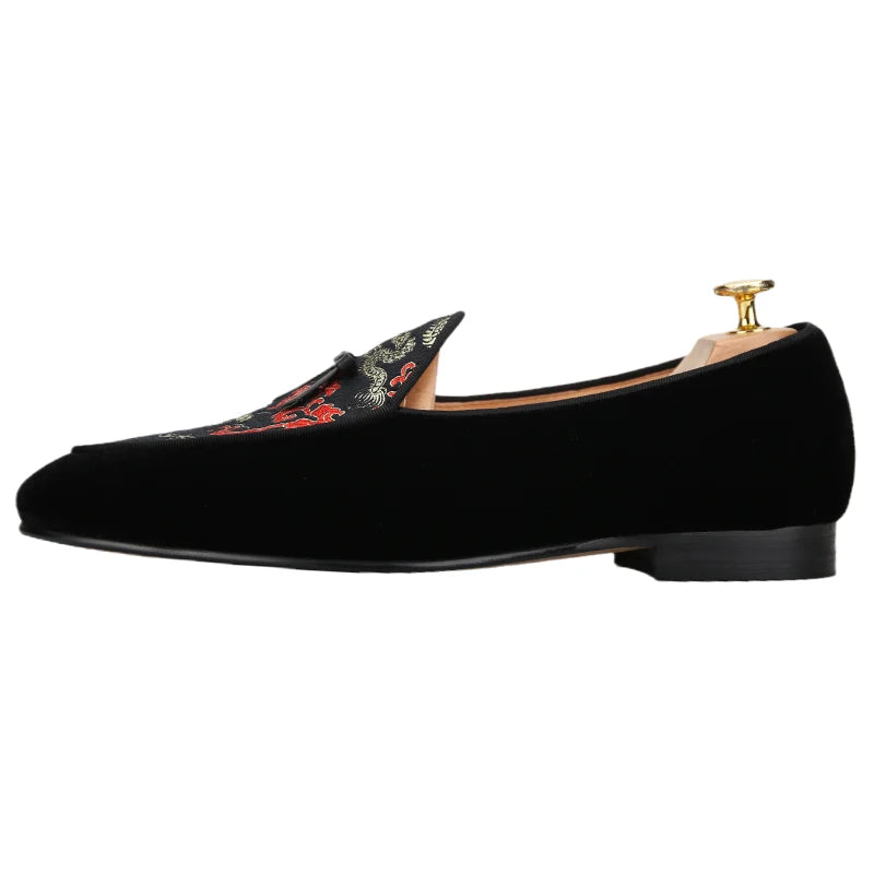 New Black Velvet Thread Dragon Print Satin Belgian Loafers for Men with Leather Tie Handcrafted Moccasin