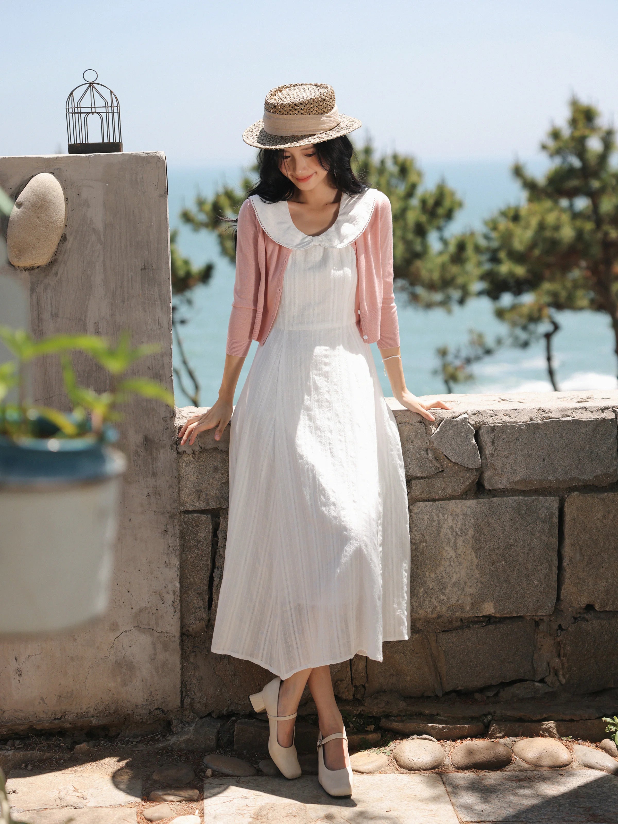 White Bow Jacquard Sundress Women Sweet Summer A-Line Dress with Tie Straps Petite Fit Flowy Midi Dress Cute Vacation Daily Wear