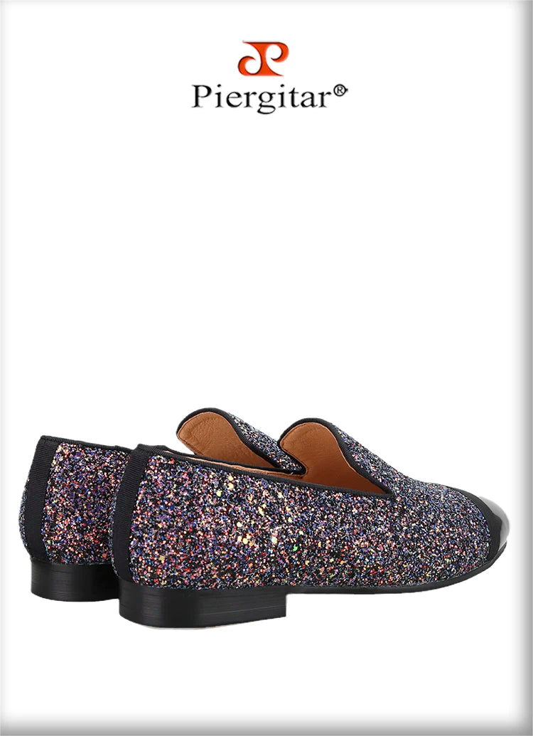Piergitar Flash Purple Sequined Canvas Slippers With Patent Leather Toes Handmade Men Moccasins For Party And Wedding Plus Size