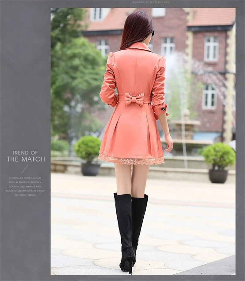 2025Spring Autumn New Windbreaker Coat Women Fashion Slim Mid Long Lace Trench Coat Female Casual Double-breasted Outerwear Tops