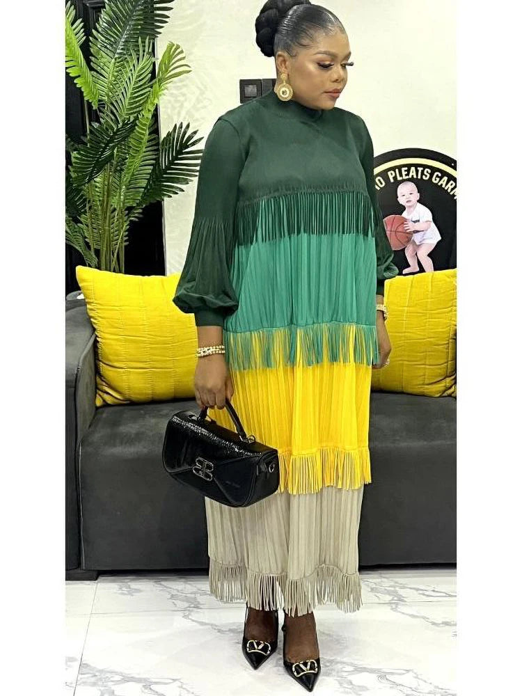 Women's Pleated Puff Sleeve Tassel Dress