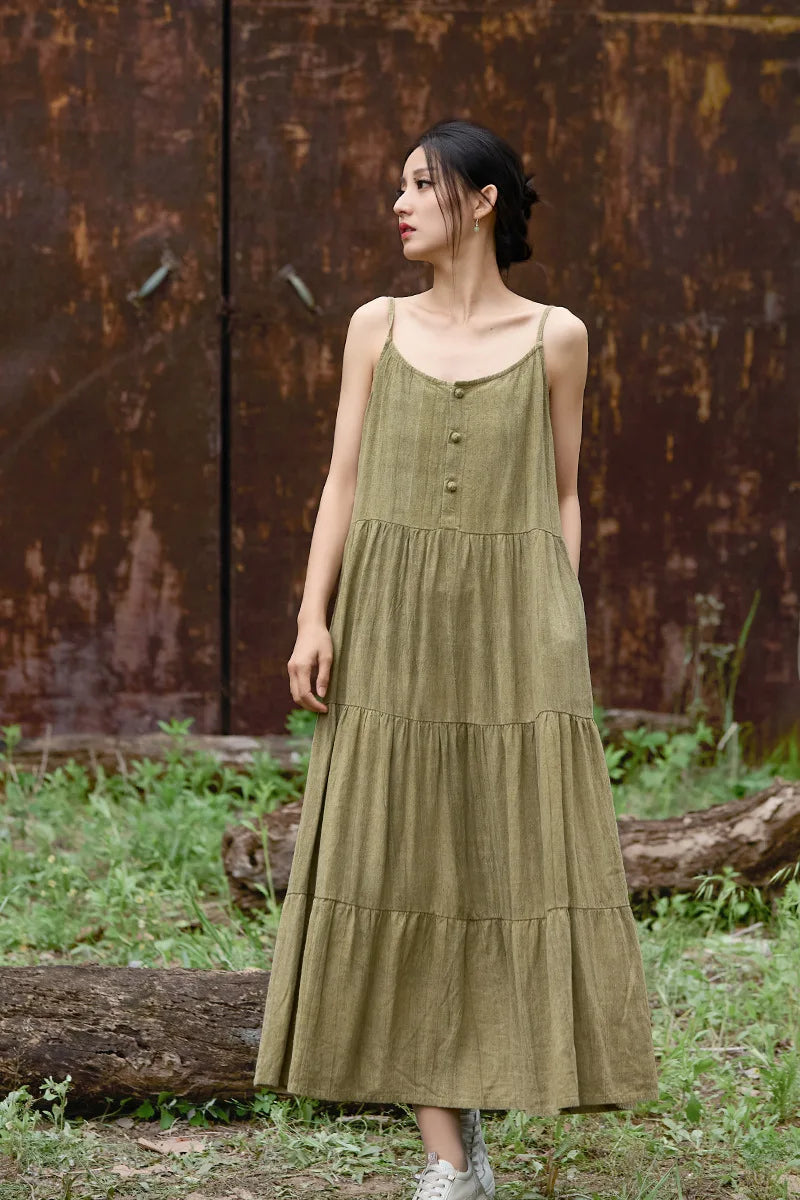 Cotton Linen Long Spaghetti Strap Dress