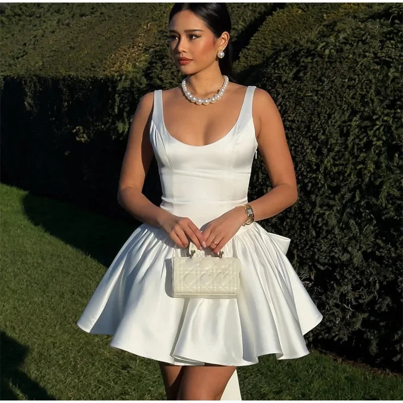 Elegant 3d Bow Backless White Mini Dress Women Fashion Sling A-line Pleated Vestidos Spring Summer Lady Party Evening Gown