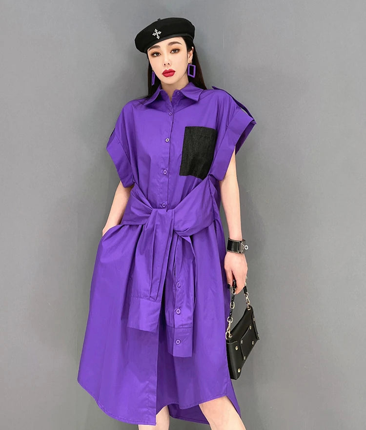 Extra Sleeves Decorated New 2025 Summer Korean Style Woman Purple Shirt Dress Loose Fit Chic Unique Big Size Casual Robe JKXD005