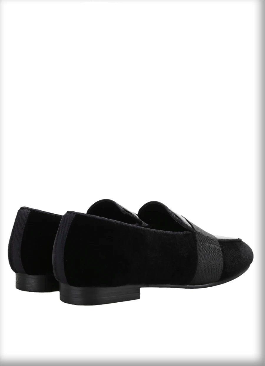 Black Velvet Patent Leather Loafers with Horizontal Band Handmade Flats for Party Formal Suits