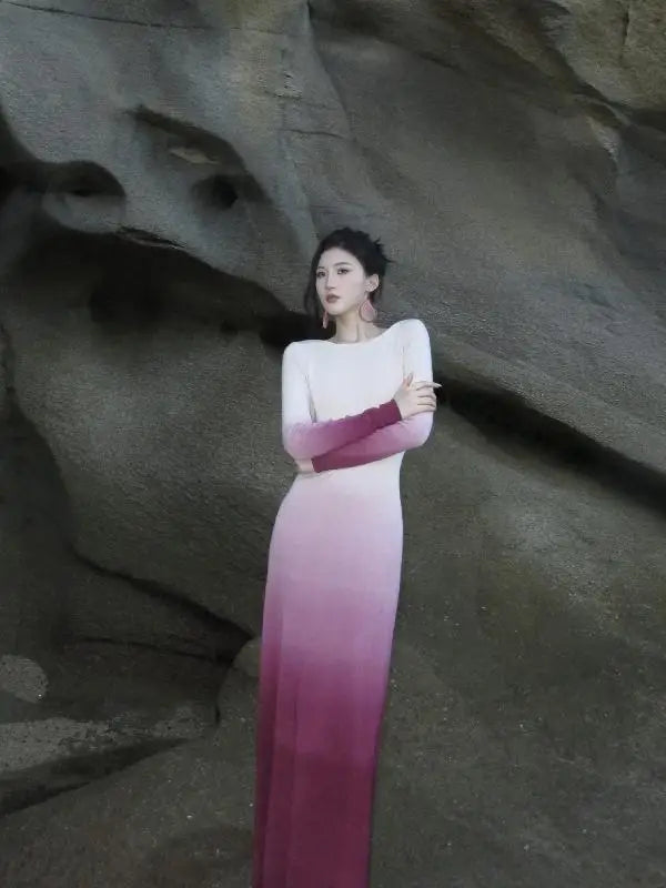 Tie-Dye Gradient Spring/Autumn Dress with Exquisite Back Cutout and Elegant Long Skirt
