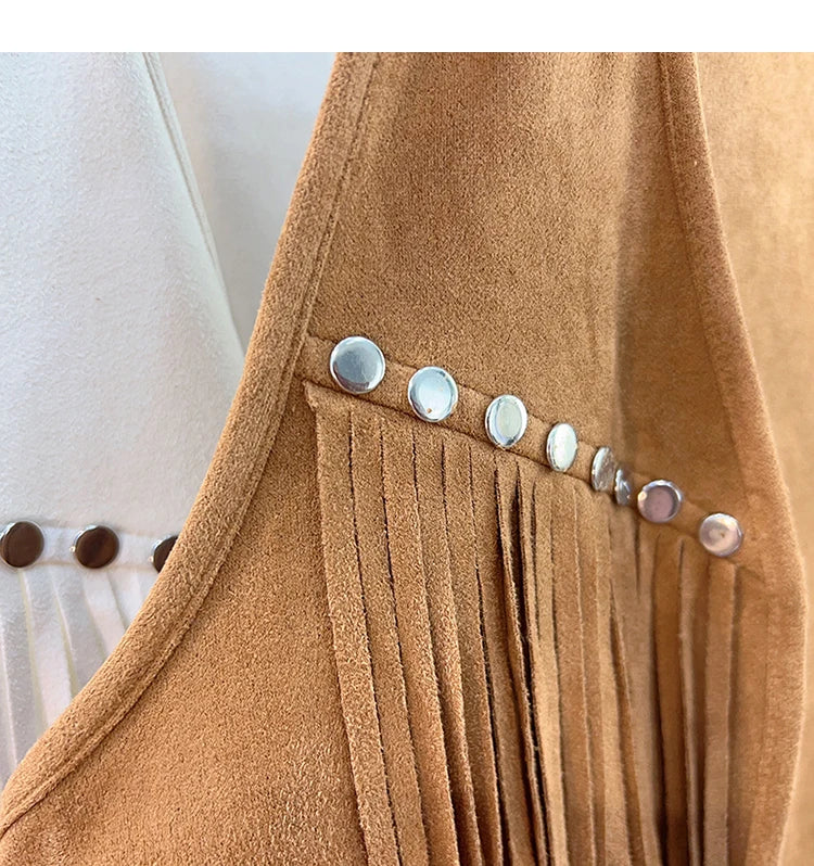 Retro Western Cowboy Style Soft Suede Tassel Vest Spring Autumn Sleeveless Cardigan Women Casual Waistcoat Sweetwear