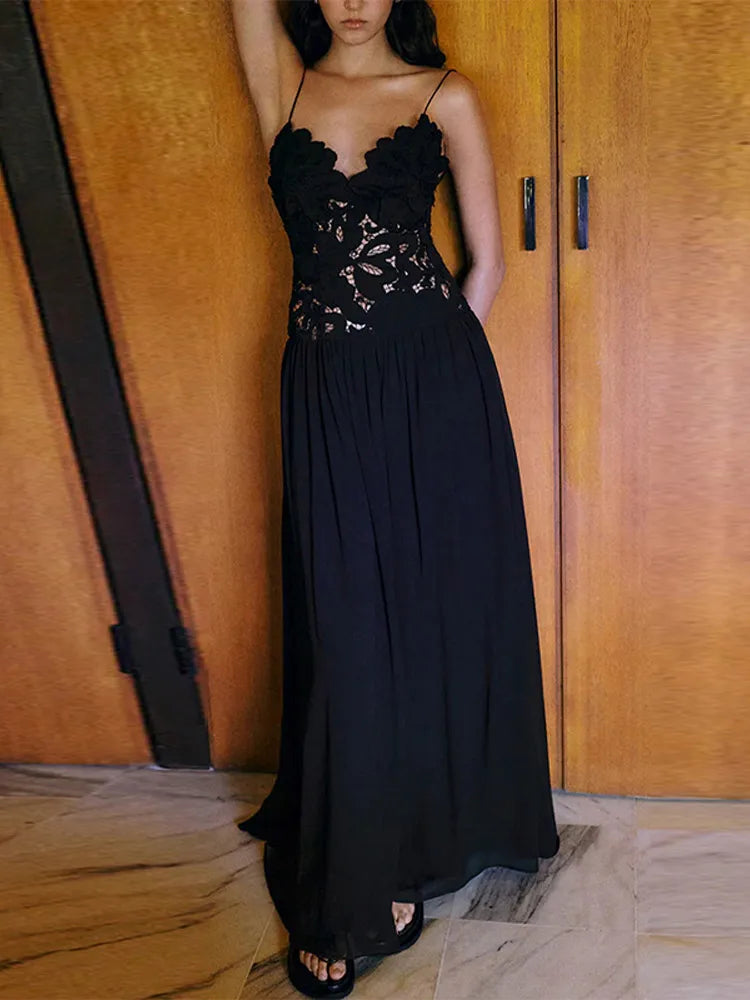 Women's Sleeveless High Waist Pleated Hollow Lace Dress