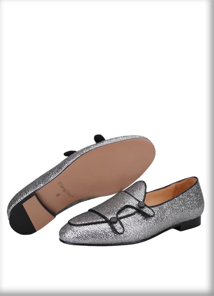 The New Style Square Glittering Silver Belgian Loafers with Double-Monk Moccs Handmade in GuangZhou