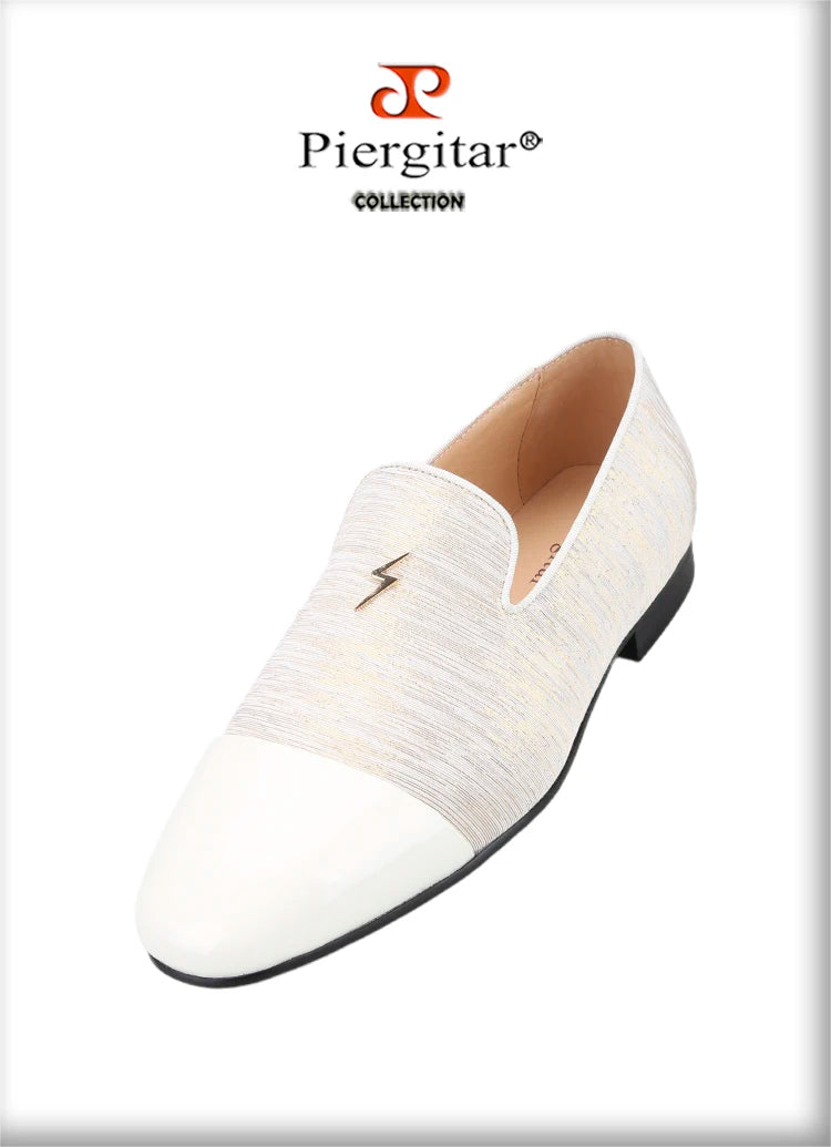 Piergitar 2023 New Three Colors Striped Silk Men's Loafers With Front Patent Leather Handmade Moccasins For Party And Banquet