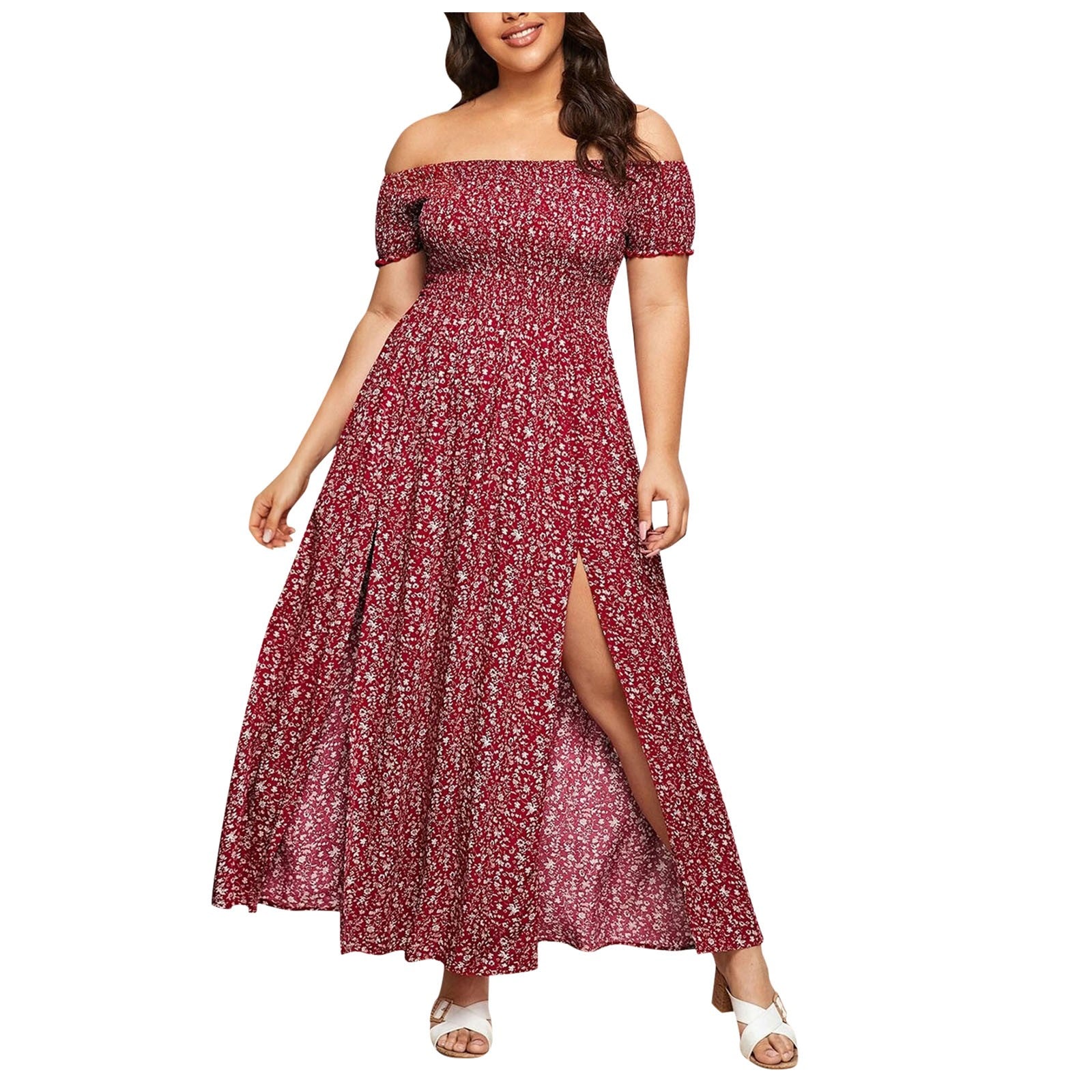 Plus Size Summer Dresses with Slash Necks, Shirred Bodice and Split Thigh Floral Dresses