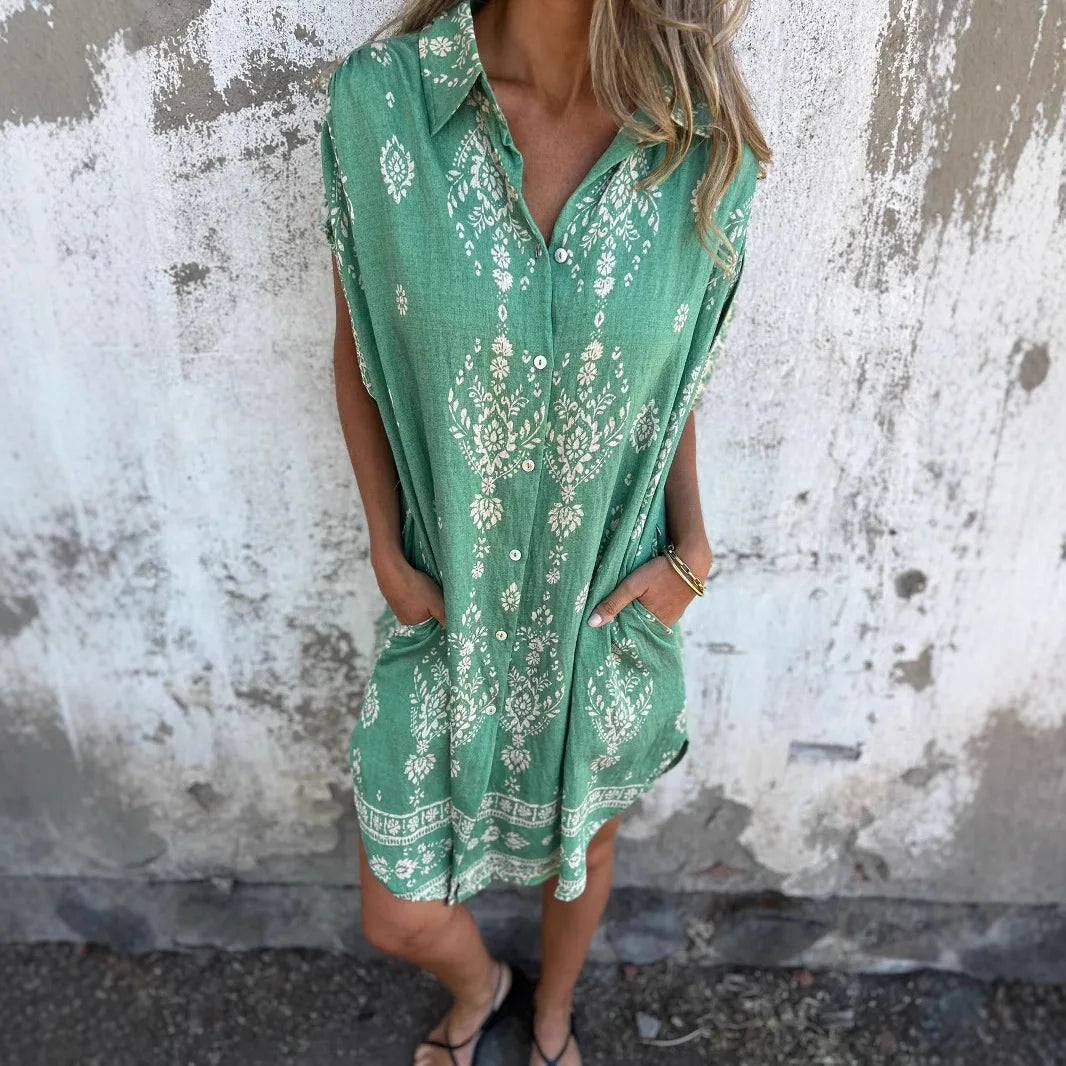 2025 New Women's Shirt Dress Loose Button Cardigan Fashion Printed Short Sleeve Pocket Cotton Linen Blend Vacation Beach Skirt