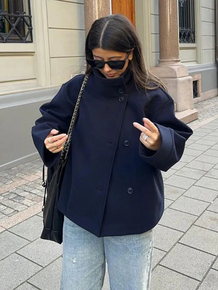Stand Collar Women Winter Woolen Coats 2025 Spring Single Breasted Loose Female Long Sleeve Jacket Office Lady Street Short Coat