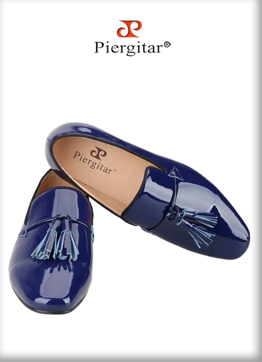 Piergitar 2024 New Model Royal Blue And Black Patent Leather Men's Tassels Shoes For Fashion Party Handmade Slip-On Loafers