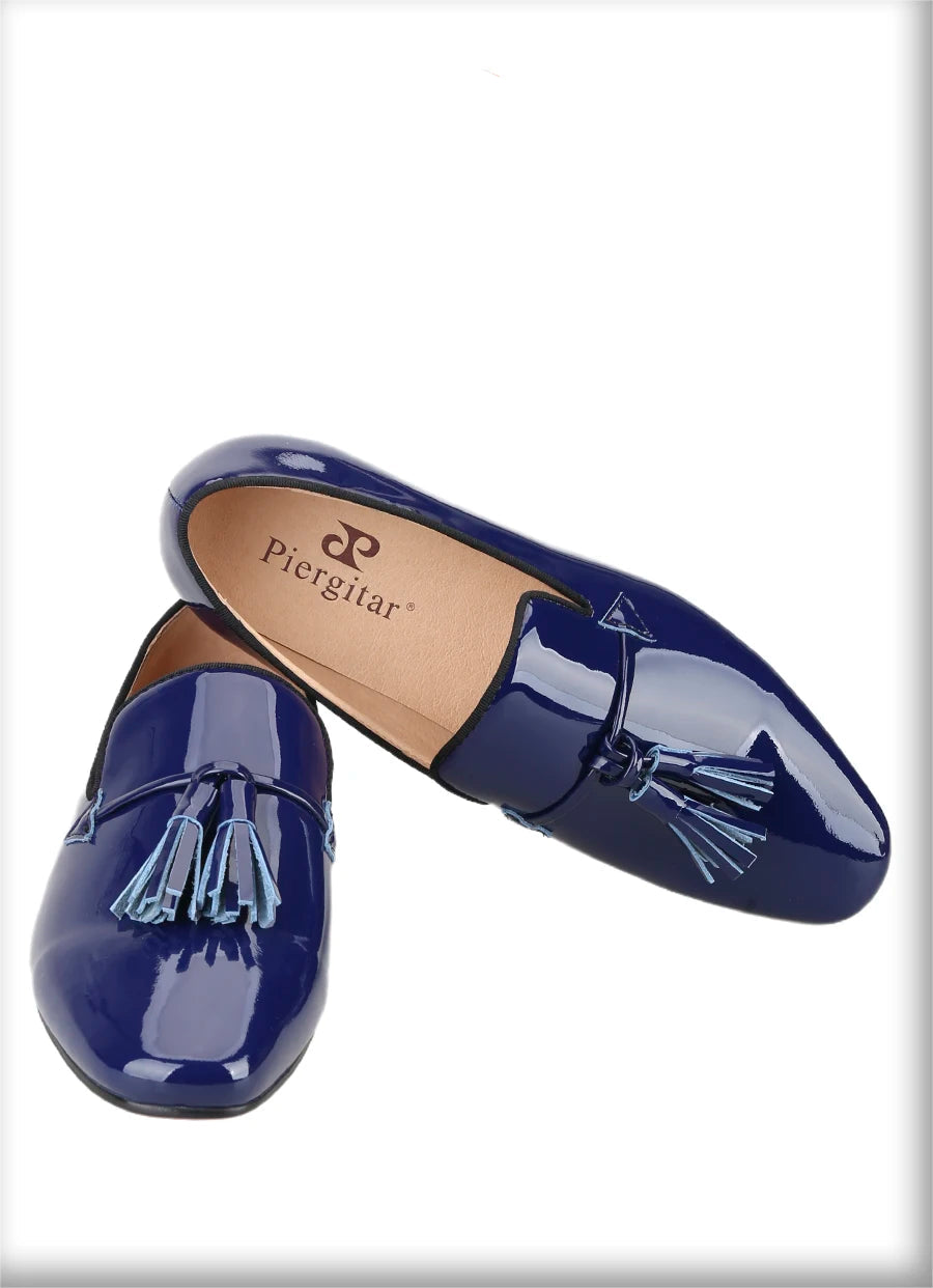 2024 New Model Royal Blue & Black Patent Leather Mens Tassels Shoe for Fashion Party Handmade Slip On Loafers