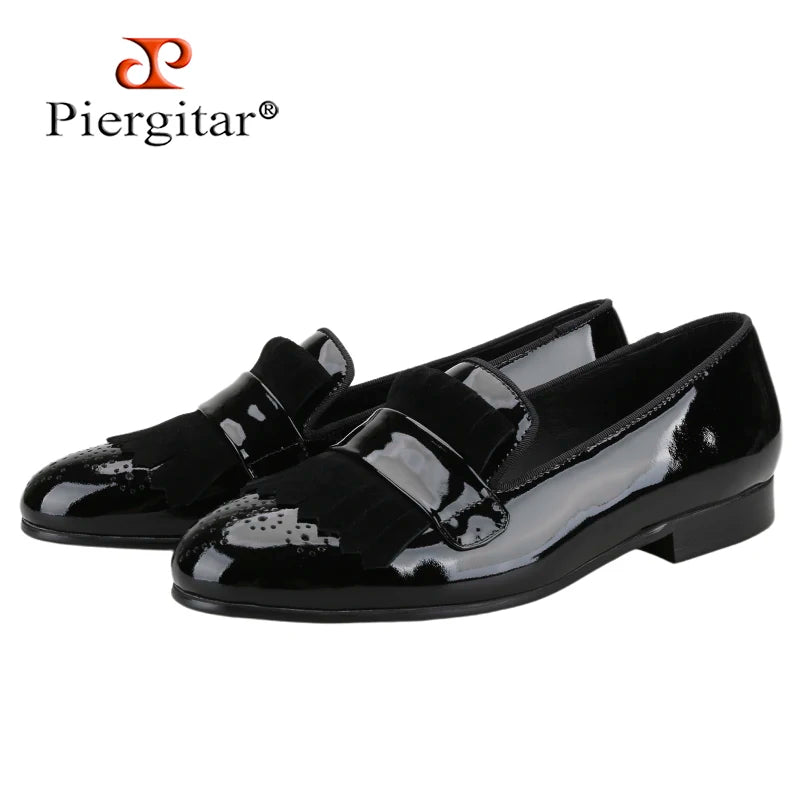 Piergitar New Style Handmade Patent Leather Shoes With Classical Brogue Printing And Suede Fringe Party/Wedding Men's Loafers