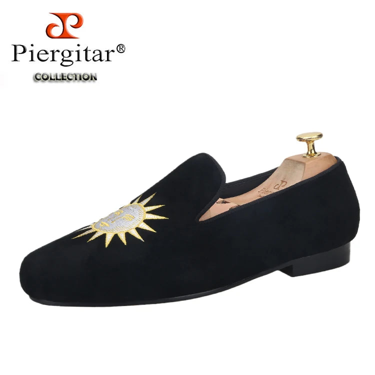 Piergitar Handmade Men's Smoking Slippers With Classic Sun And Moon Embroidery For Fashion Party Slip-On Loafers Leather Insole