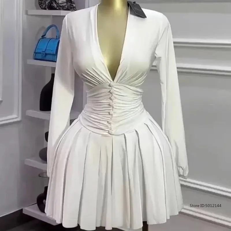 Women's Short Skirt Mini dress Ruched Lantern Sleeve